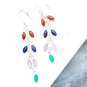 NEW Gorgeous 925 Sterling Silver 2ct Multi-Gemstone Leaf Drop Earrings